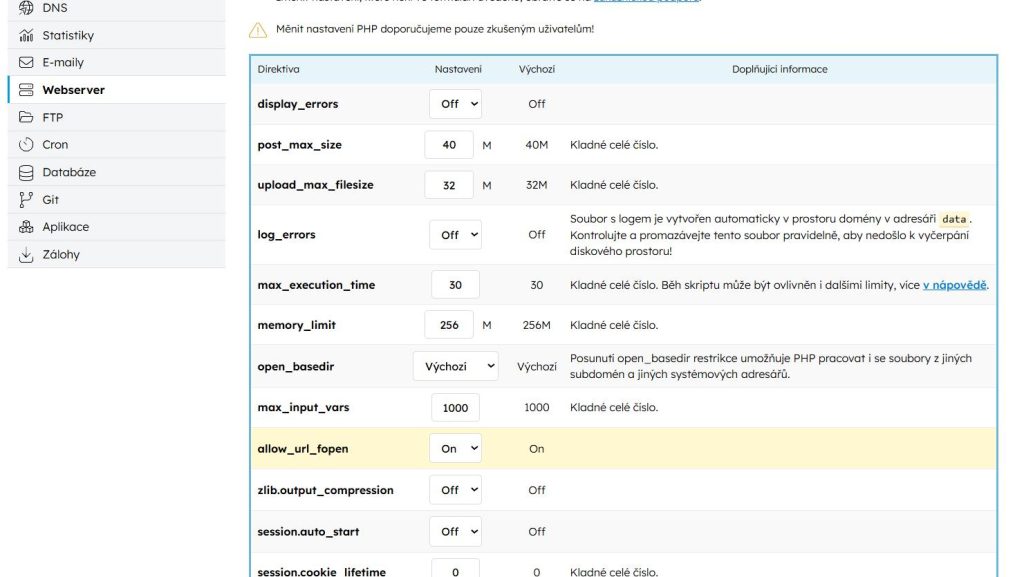 Cesky Hosting Zmena Nastaveni Php