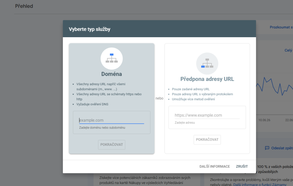 Přidání webu do Google Search Console – výběr typu služby