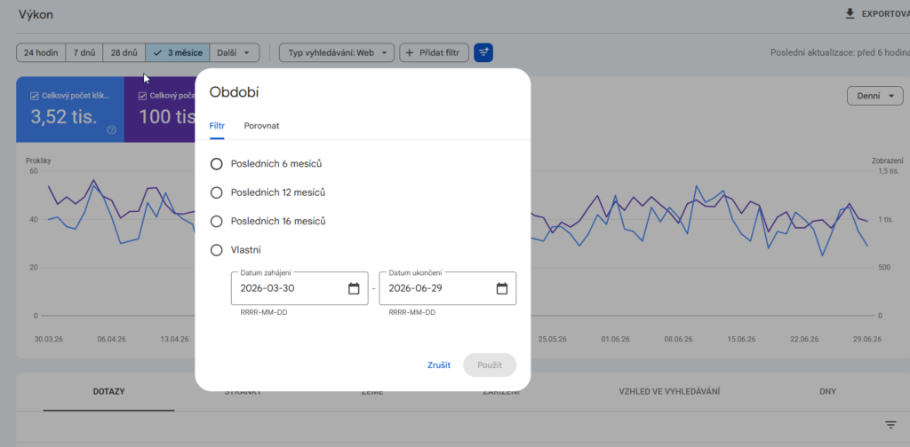 Filtr porovnání dvou období ve Výkonu Search Console