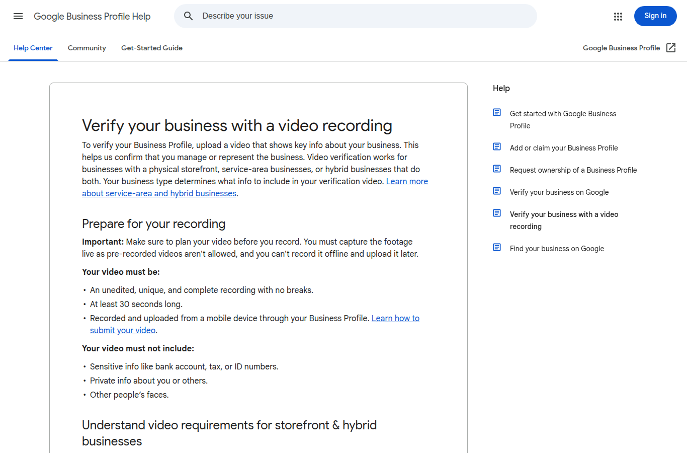 Oficiální návod Google Business Profile Help na ověření firmy videonahrávkou