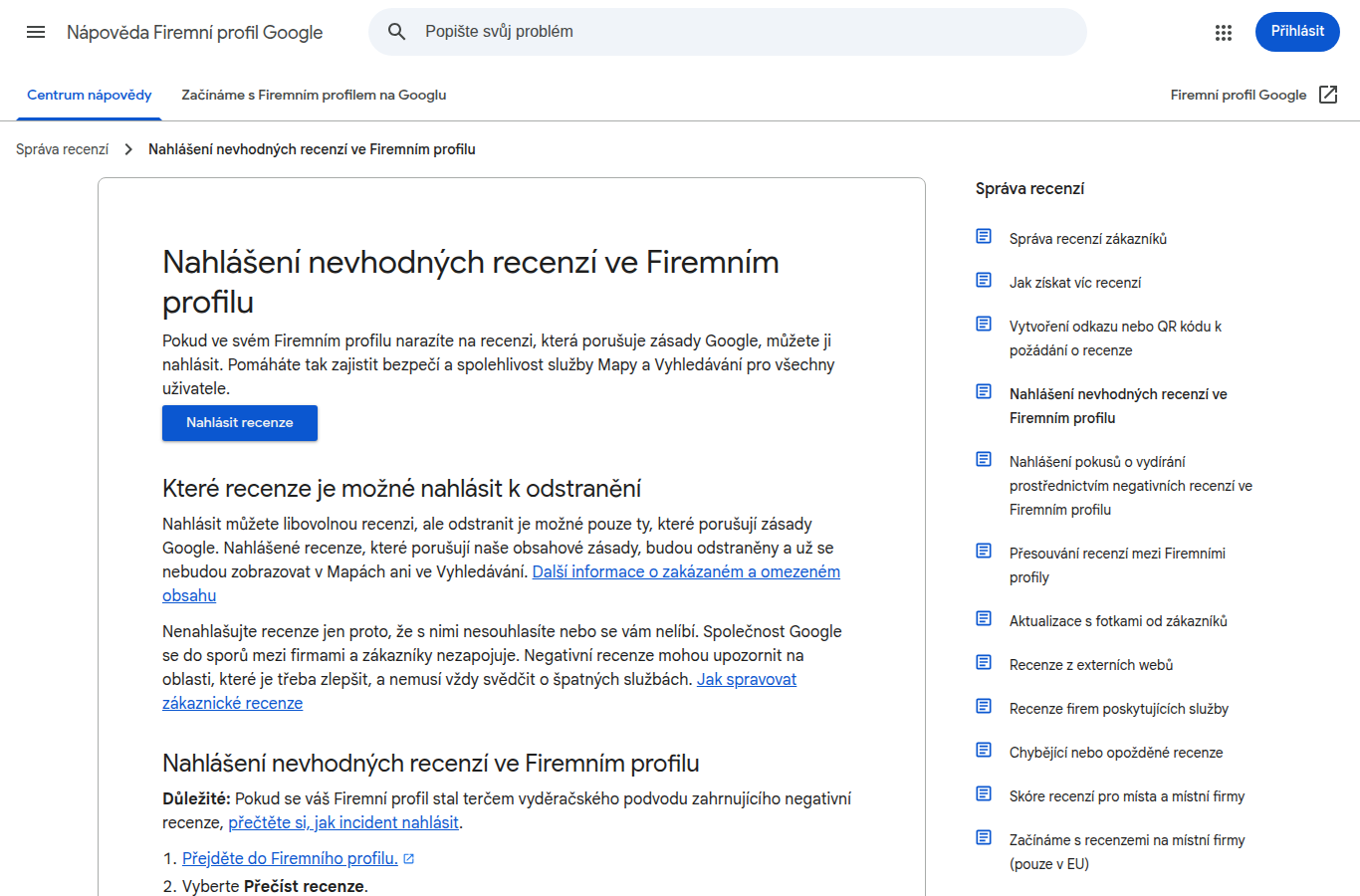 Nápověda Google Business Profile: nahlášení nevhodné recenze ve Firemním profilu