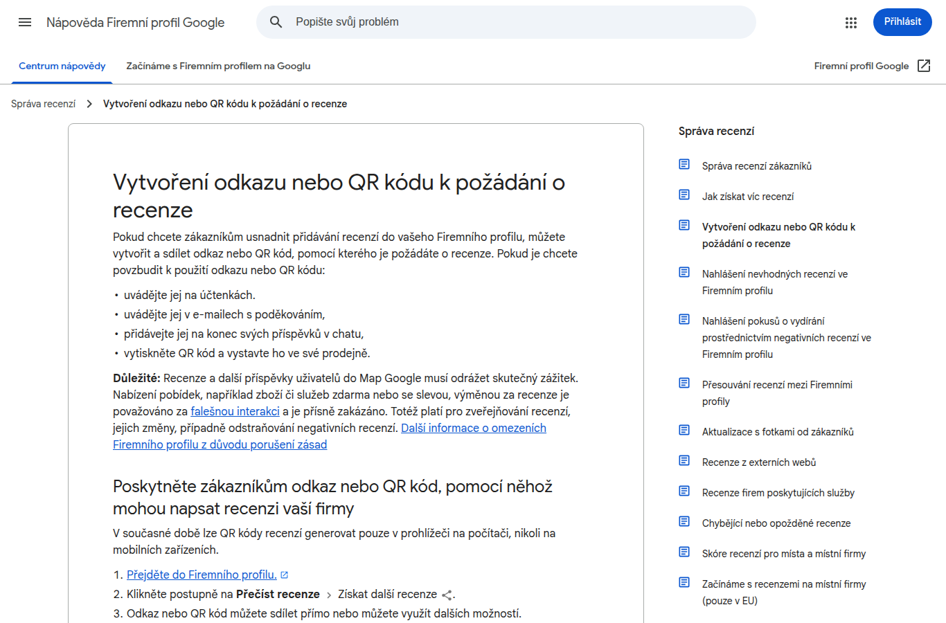 Nápověda Google Business Profile: vytvoření odkazu nebo QR kódu k požádání o recenze