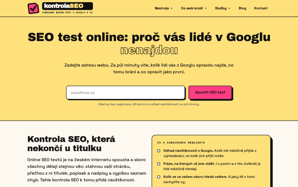 Kontrola SEO na kontrolaseo.cz: SEO test online s odhadem návštěvnosti
