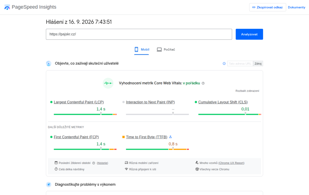 PageSpeed Insights: výsledek pajskr.cz na mobilu, Core Web Vitals v pořádku