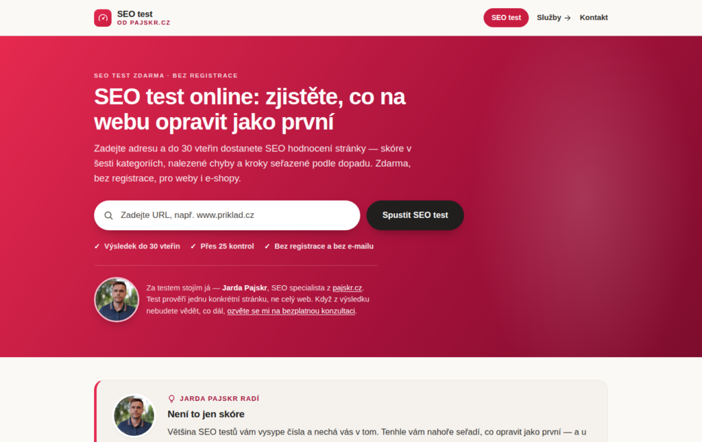 SEO test zdarma na pajskr.cz: zadejte adresu webu a do 30 vteřin máte výsledek