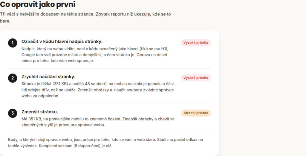 Sekce Co opravit jako první v SEO testu se třemi prioritami