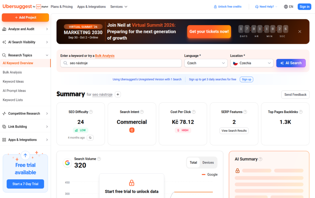 Ubersuggest: hledanost dotazu seo nástroje v Česku 320 měsíčně, obtížnost 24