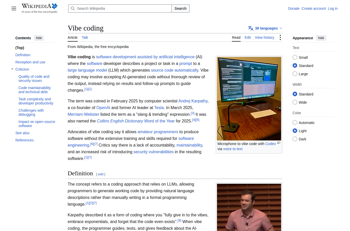 Heslo Vibe coding na Wikipedii s definicí a informací, že termín vytvořil Andrej Karpathy v únoru 2025 a Merriam-Webster ho zařadil mezi sledovaná slangová slova